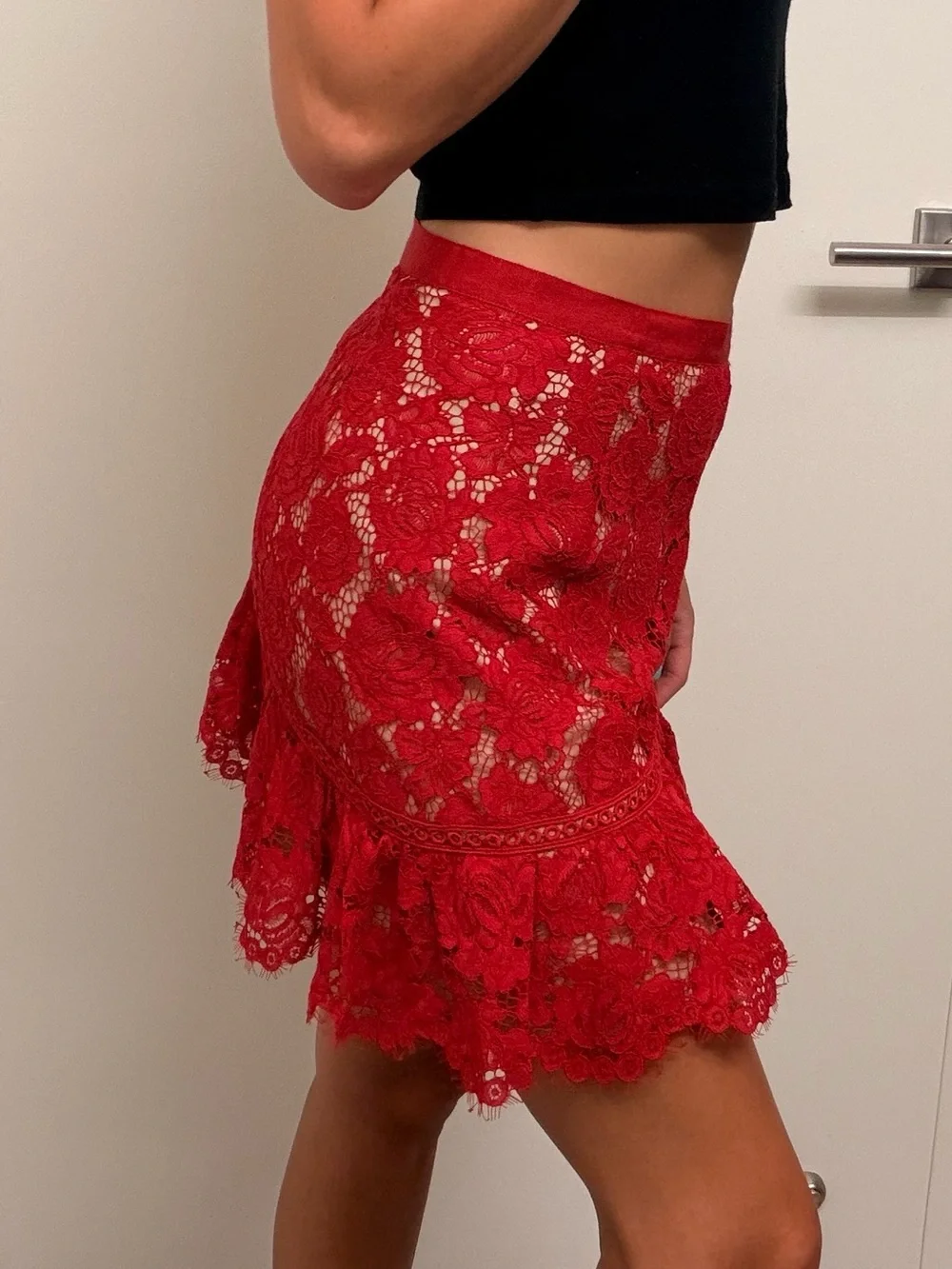 SAYLOR Red Floral Lace Ruffle Mini Skirt